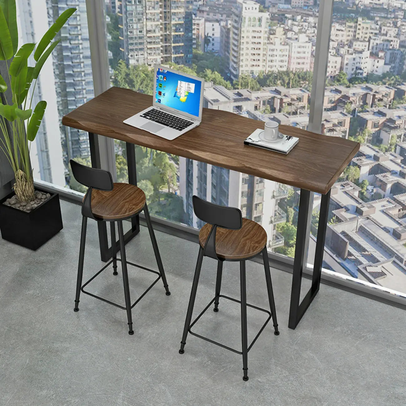 Table de bar moderne en pin brun et fer forgé avec plateau en bois de pin brun