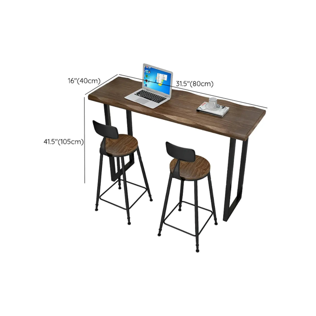 Table de bar moderne en pin brun et fer forgé avec plateau en bois de pin brun
