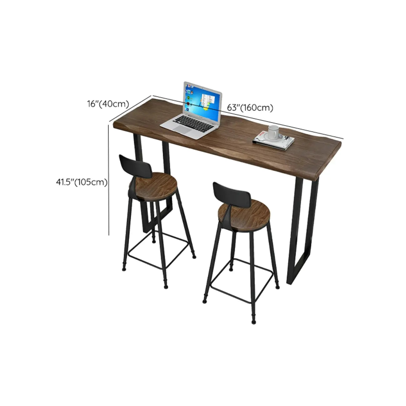 Table de bar moderne en pin brun et fer forgé avec plateau en bois de pin brun