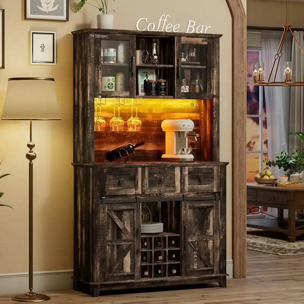 Cave à vin grande capacité de style campagnard avec éclairage LED