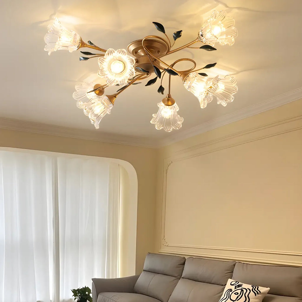 Plafonnier LED semi-encastré de luxe en verre à motif floral pour intérieur