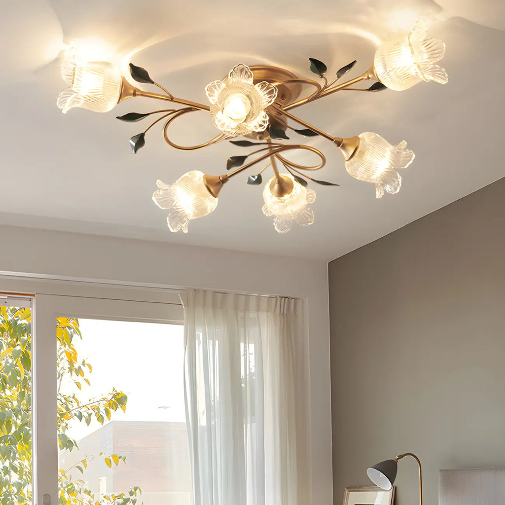 Plafonnier LED semi-encastré de luxe en verre à motif floral pour intérieur