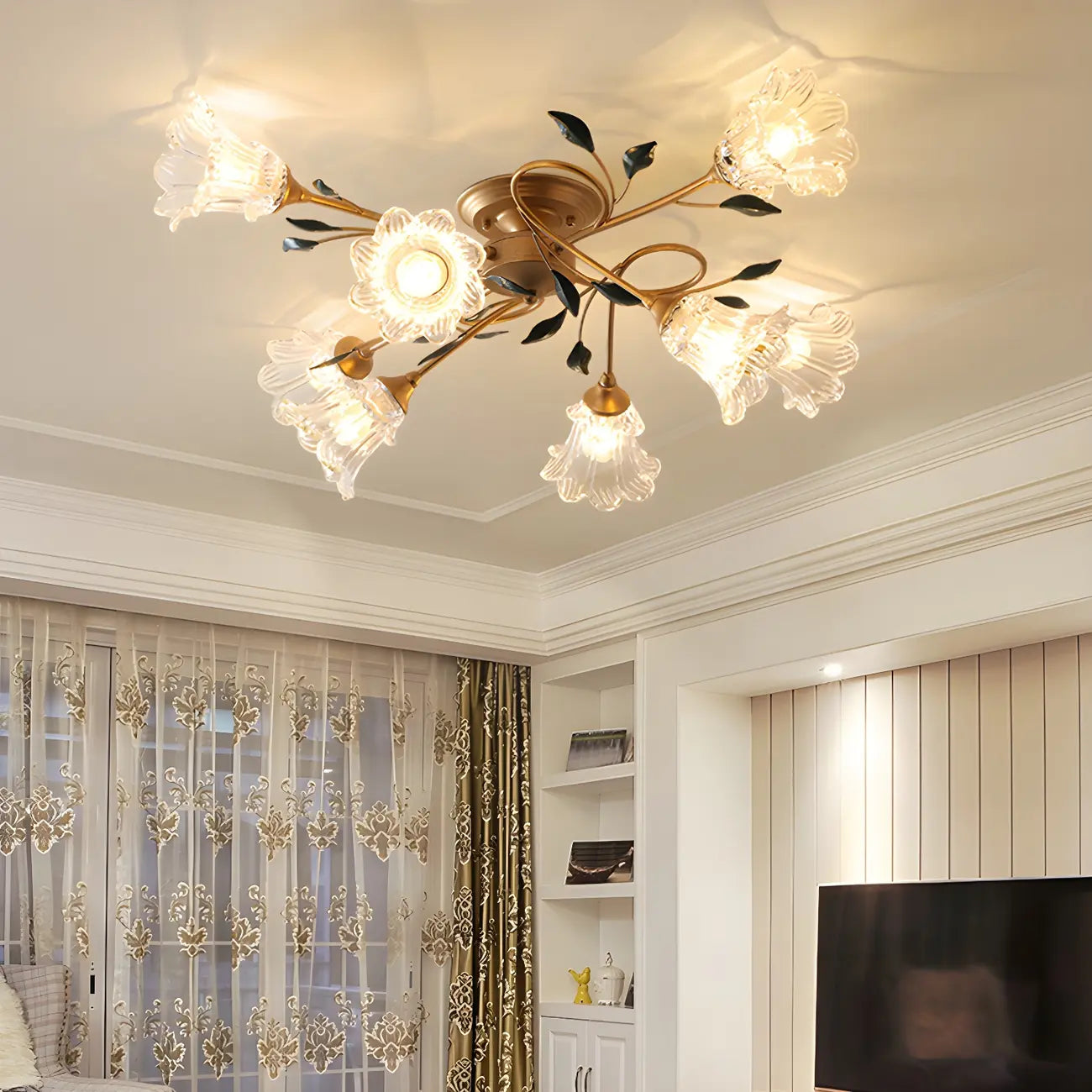 Plafonnier LED semi-encastré de luxe en verre à motif floral pour intérieur
