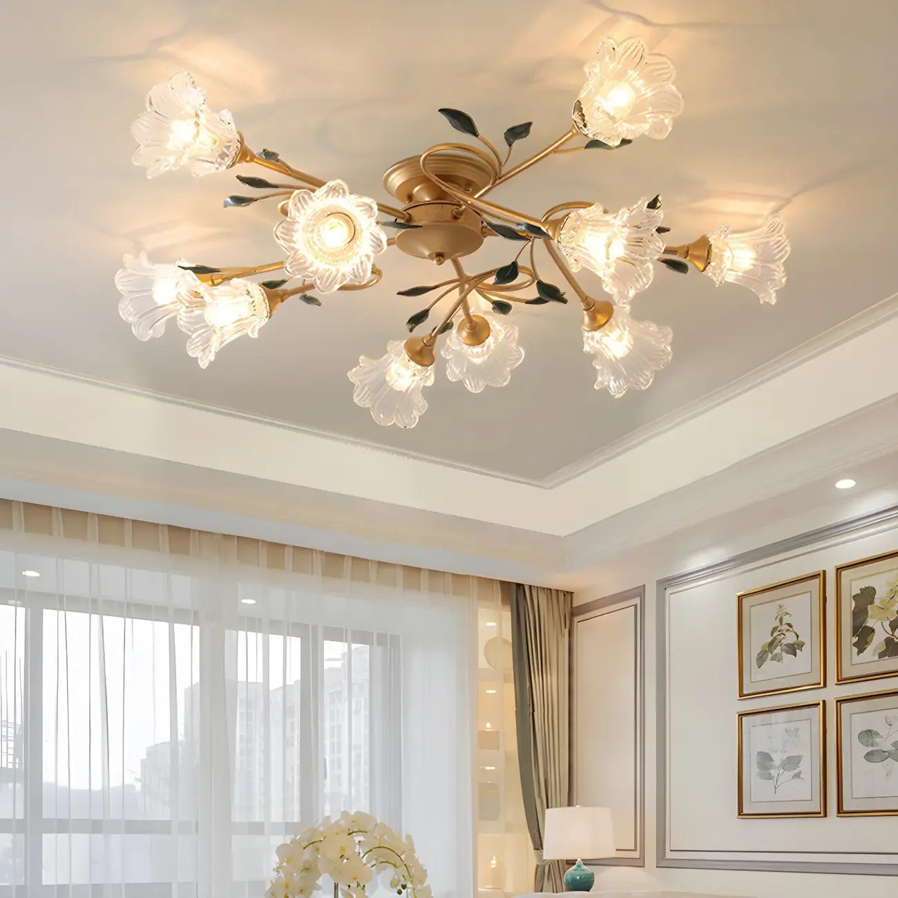 Plafonnier LED semi-encastré de luxe en verre à motif floral pour intérieur