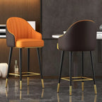 Tabouret de bar Art Déco en cuir orange avec dossier