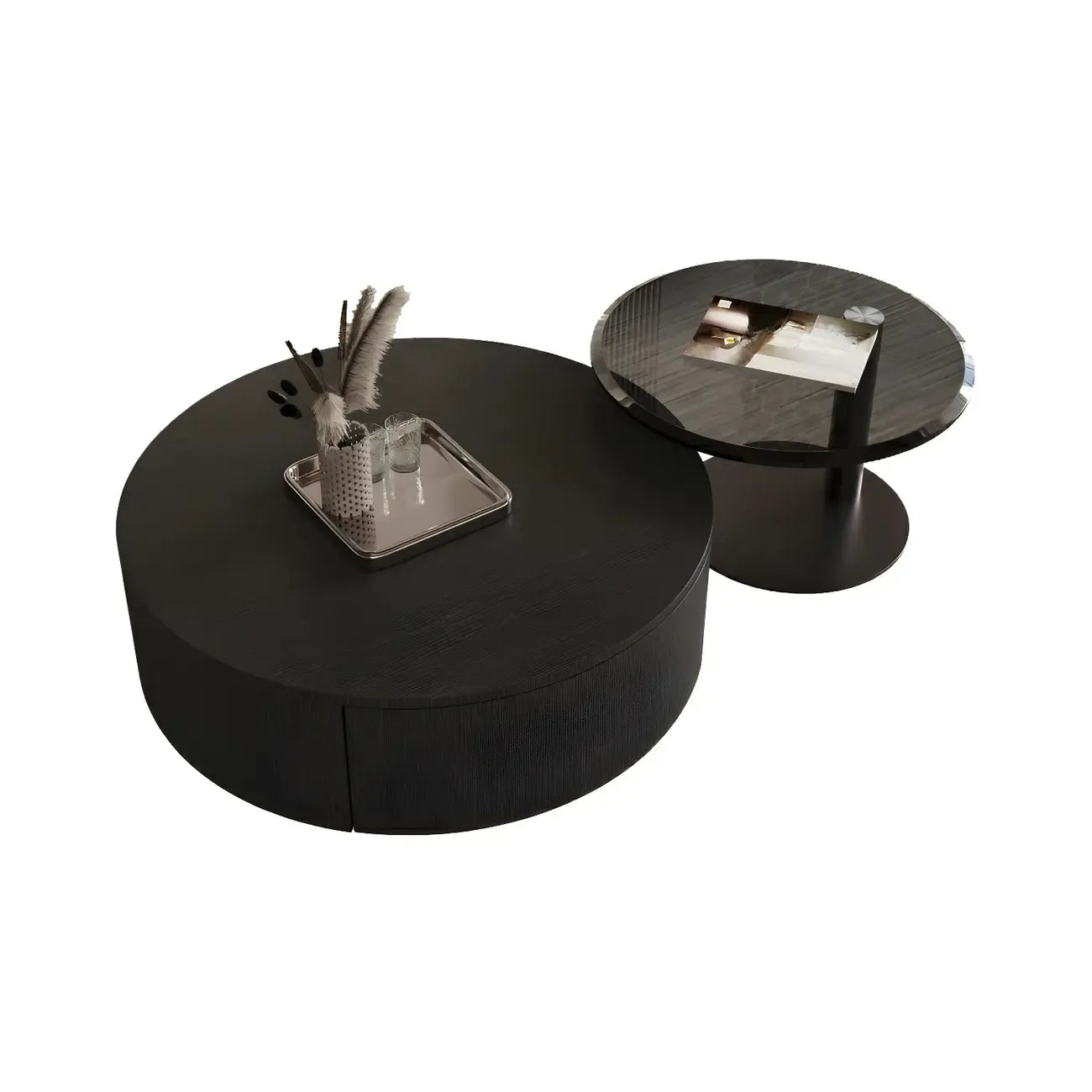 Table basse gigogne moderne ronde en bois et verre avec rangement