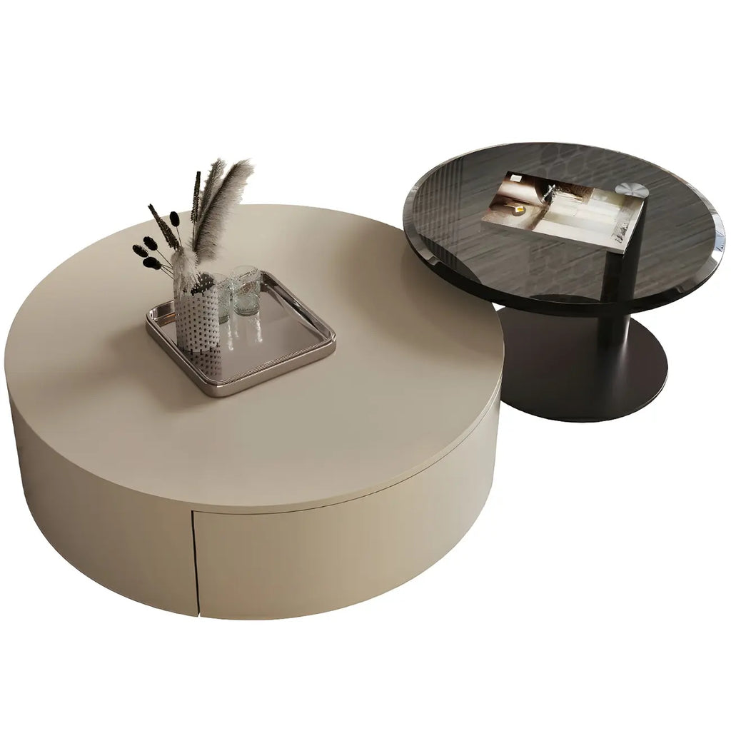 Table basse gigogne moderne ronde en bois et verre avec rangement