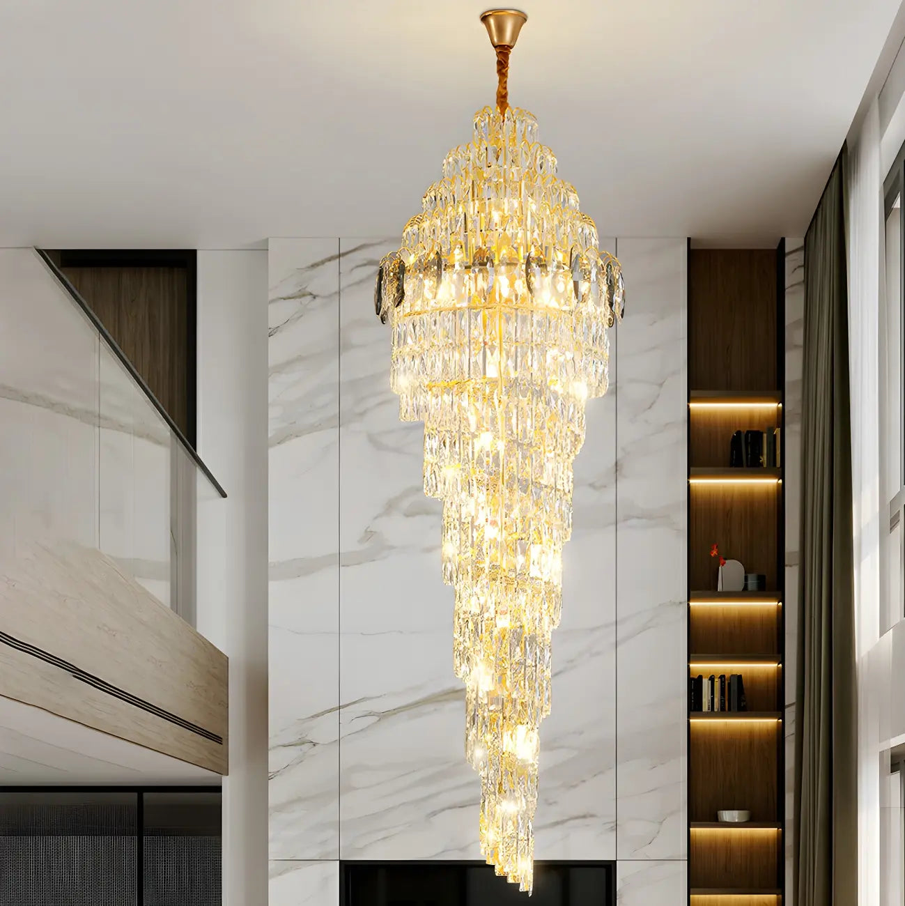 Lustre d'escalier luxueux en cristal et spirale dorée, hauteur réglable