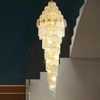 Lustre d'escalier luxueux en cristal et spirale dorée, hauteur réglable