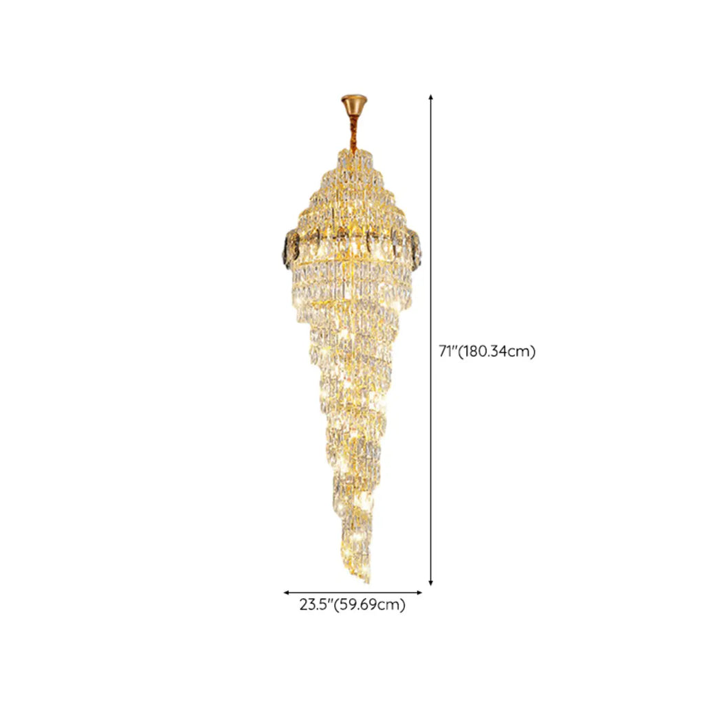 Lustre d'escalier luxueux en cristal et spirale dorée, hauteur réglable