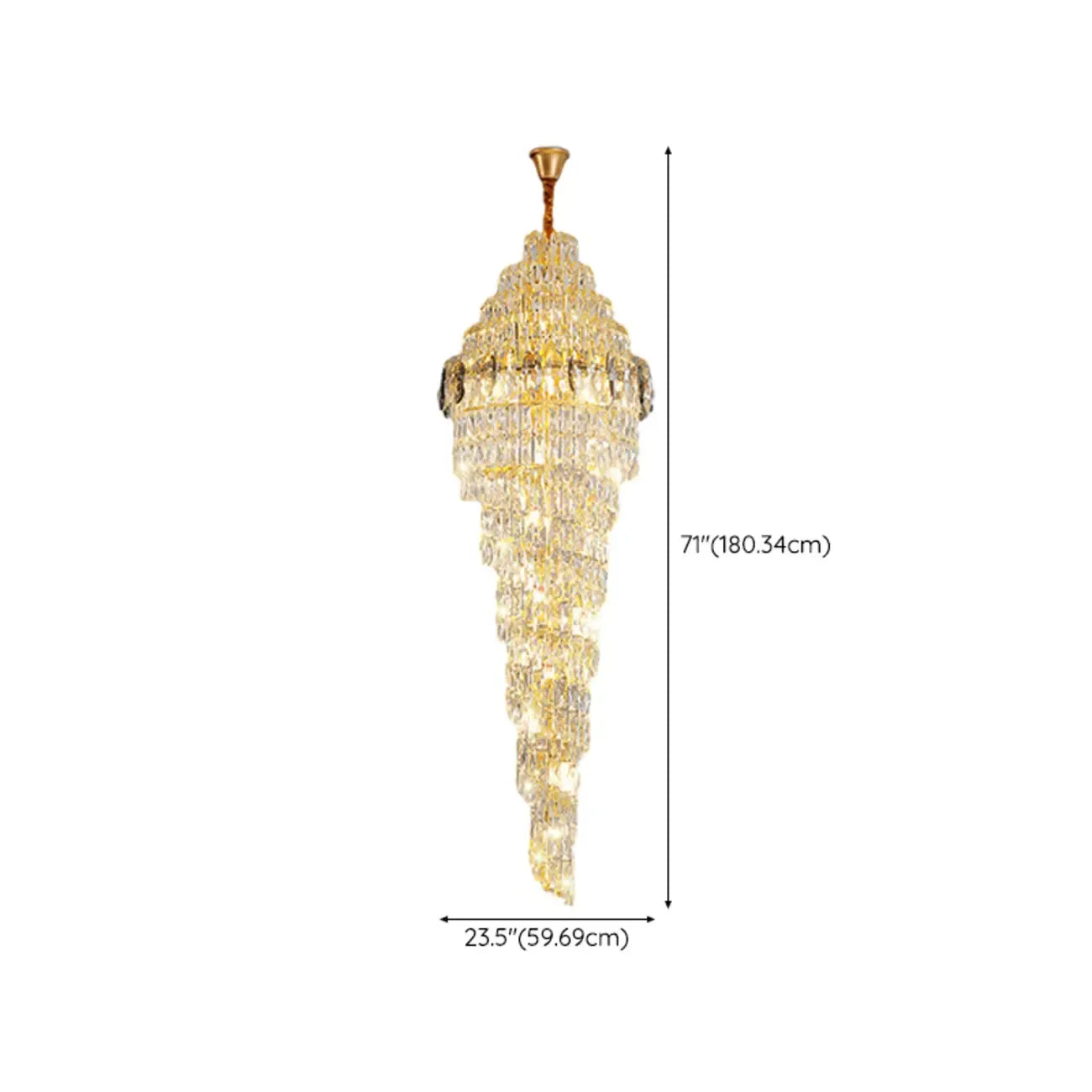 Lustre d'escalier luxueux en cristal et spirale dorée, hauteur réglable