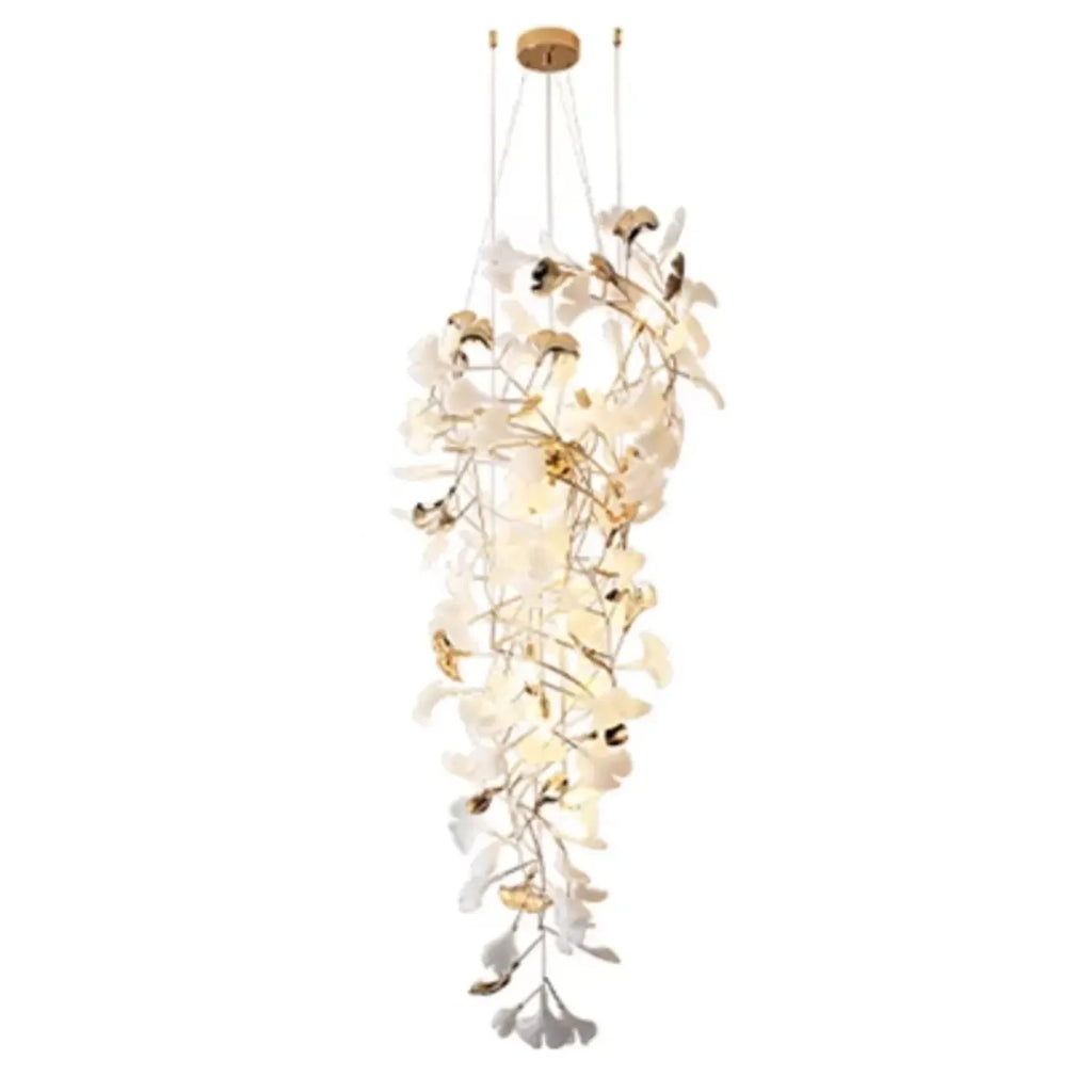 Lustre élégant blanc à feuilles de ginkgo et or pour escalier