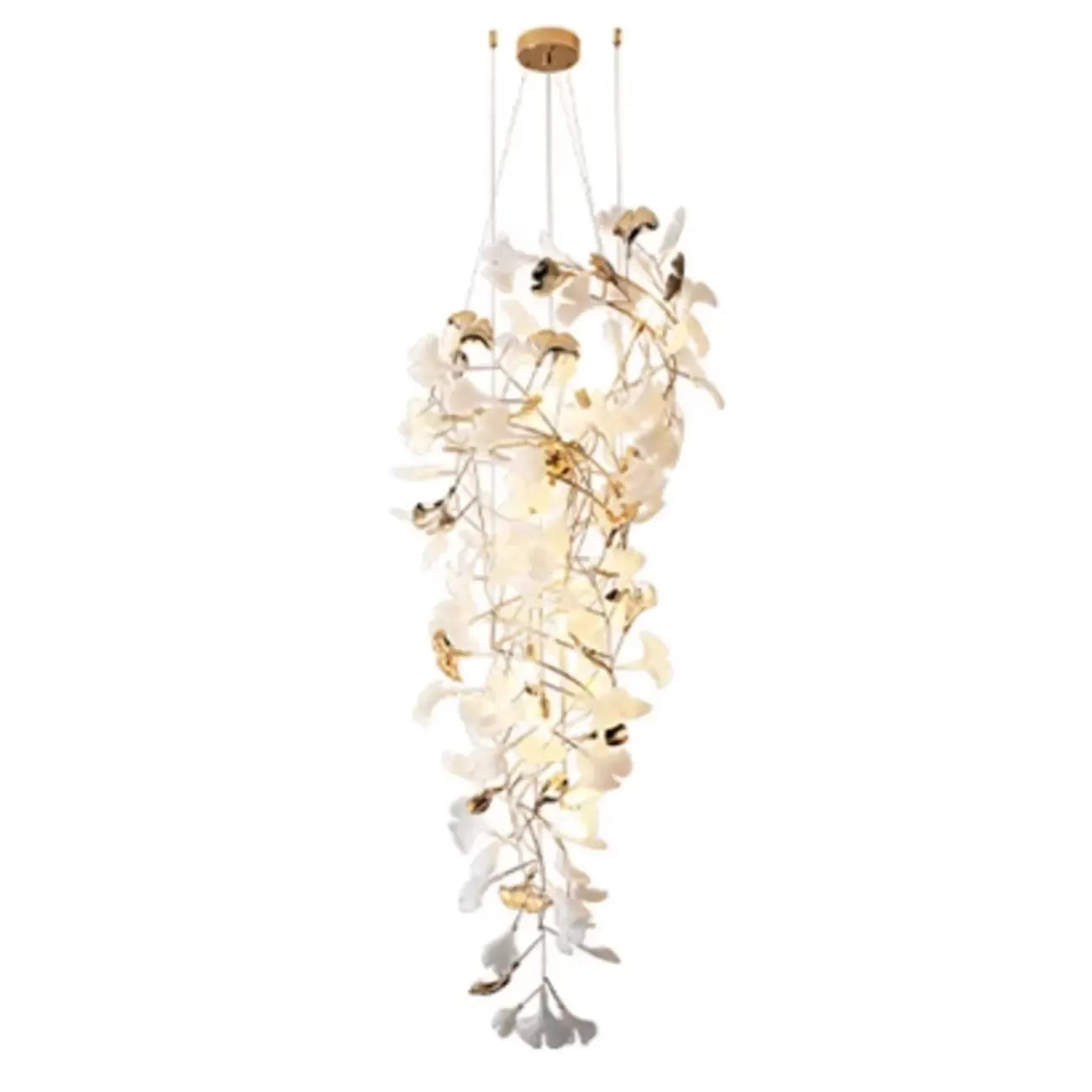 Lustre élégant blanc à feuilles de ginkgo et or pour escalier