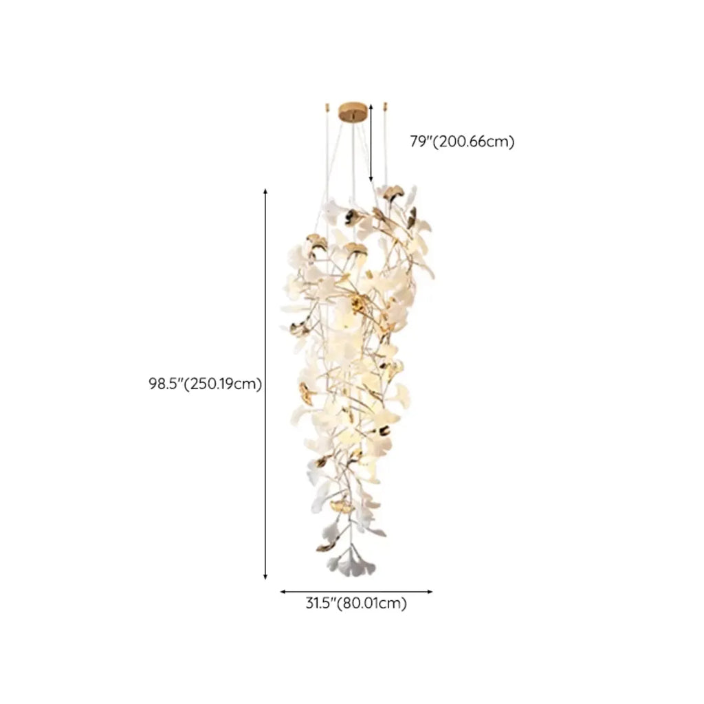 Lustre élégant blanc à feuilles de ginkgo et or pour escalier