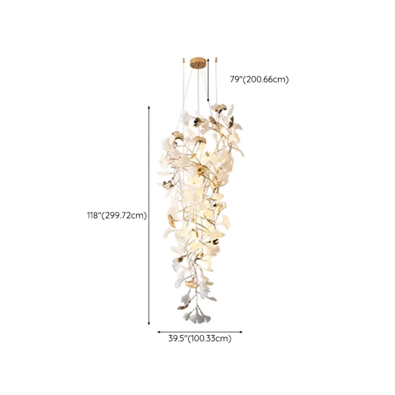Lustre élégant blanc à feuilles de ginkgo et or pour escalier