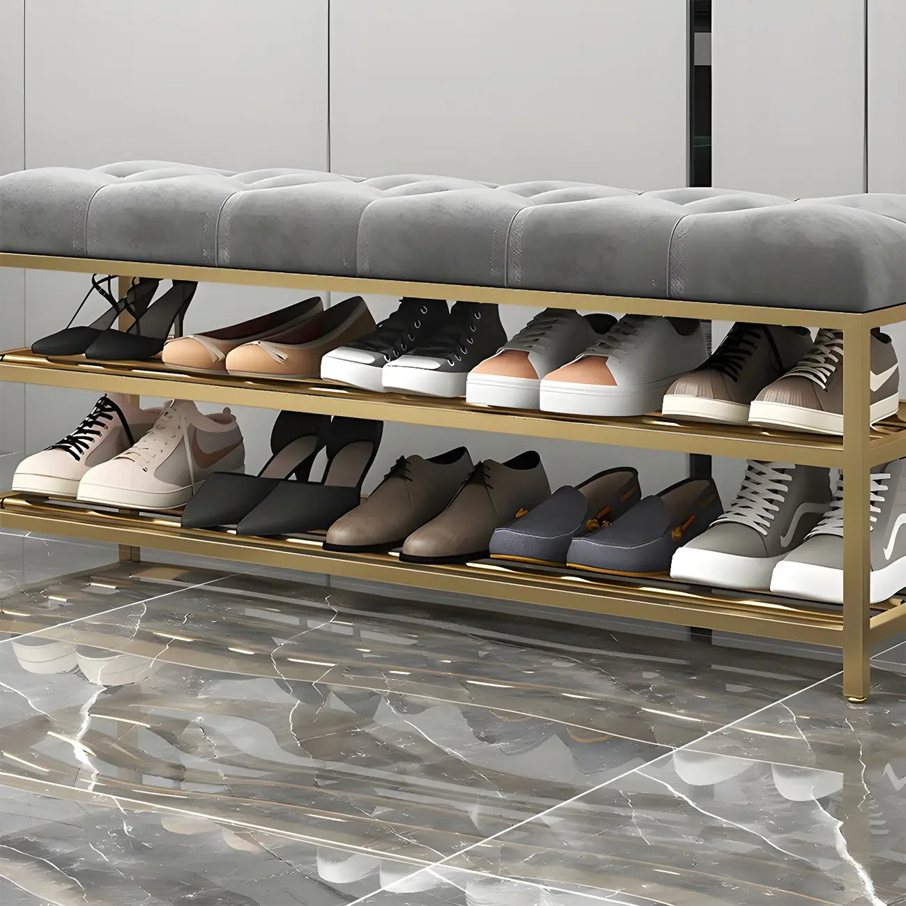 Étagère à chaussures grise capitonnée avec cadre doré pour entrée
