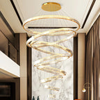 Lustre moderne à plusieurs niveaux en cristal et anneaux en spirale dorée, télécommande LED