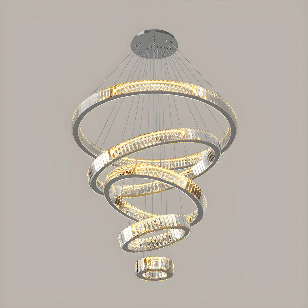 Lustre moderne à plusieurs niveaux en cristal et anneaux en spirale dorée, télécommande LED