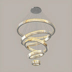 Lustre moderne à plusieurs niveaux en cristal et anneaux en spirale dorée, télécommande LED