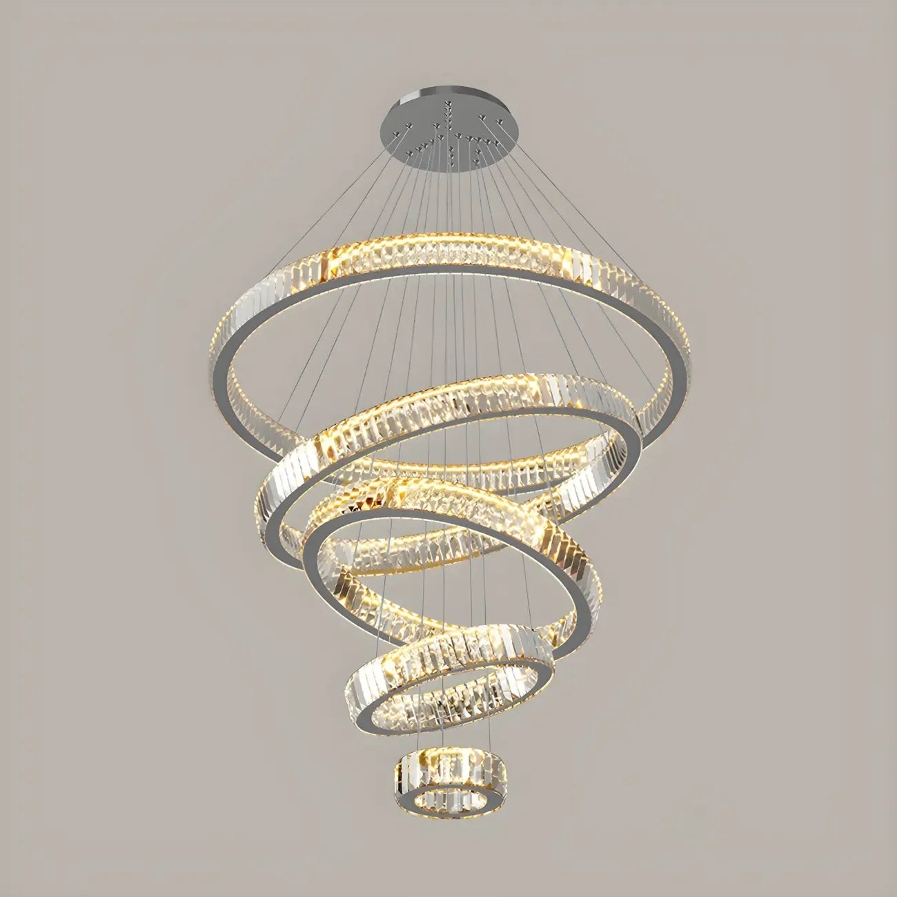 Lustre moderne à plusieurs niveaux en cristal et anneaux en spirale dorée, télécommande LED