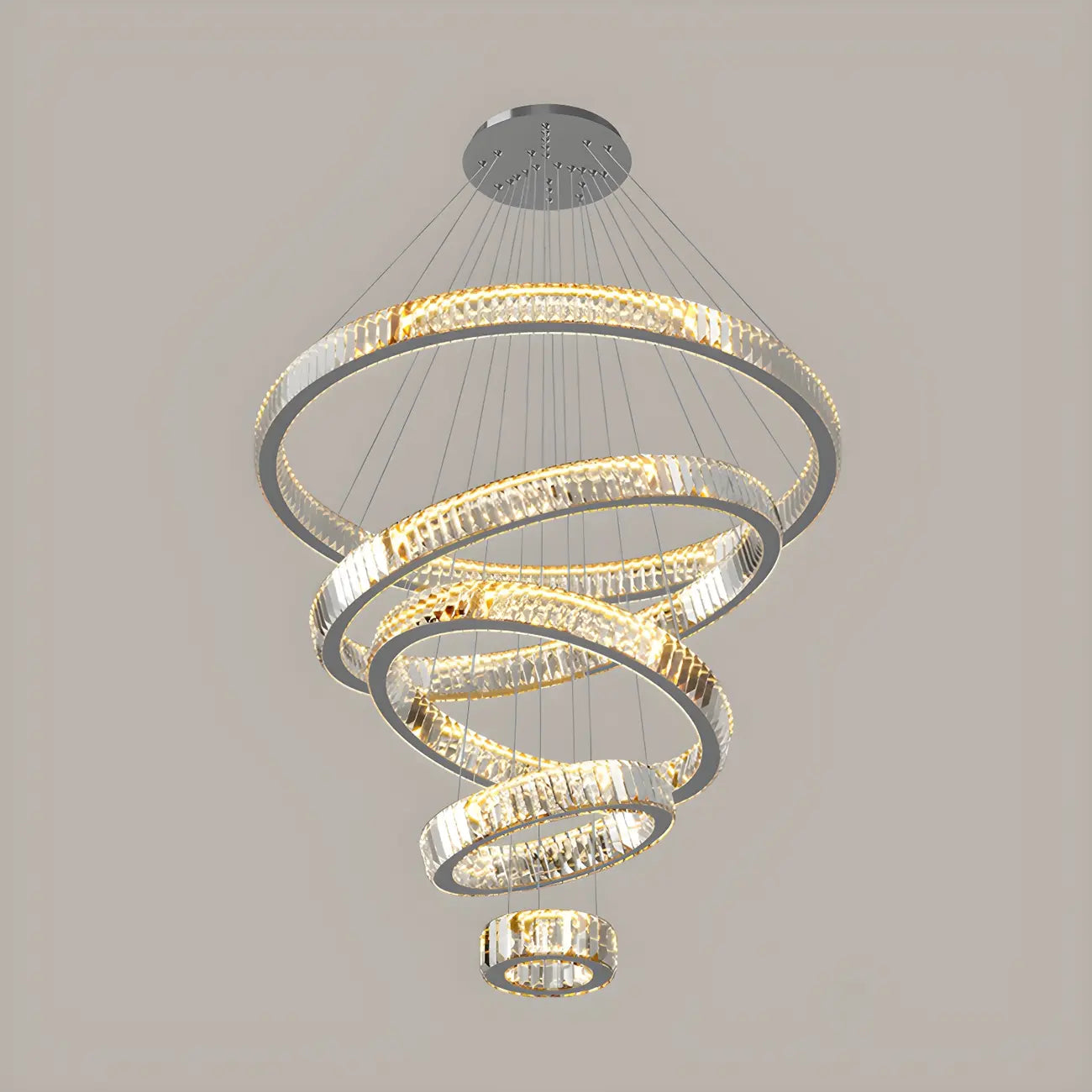 Lustre moderne à plusieurs niveaux en cristal et anneaux en spirale dorée, télécommande LED