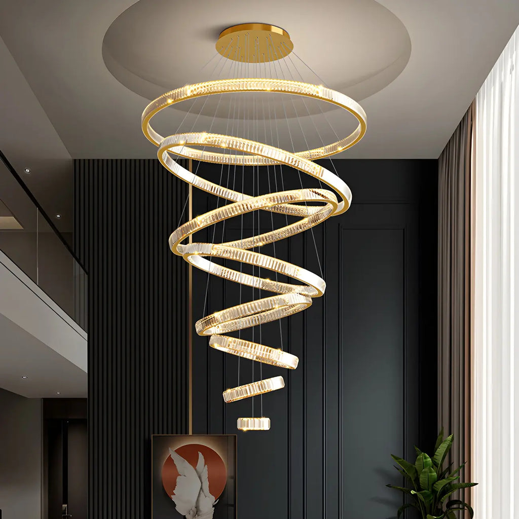 Lustre moderne à plusieurs niveaux en cristal et anneaux en spirale dorée, télécommande LED