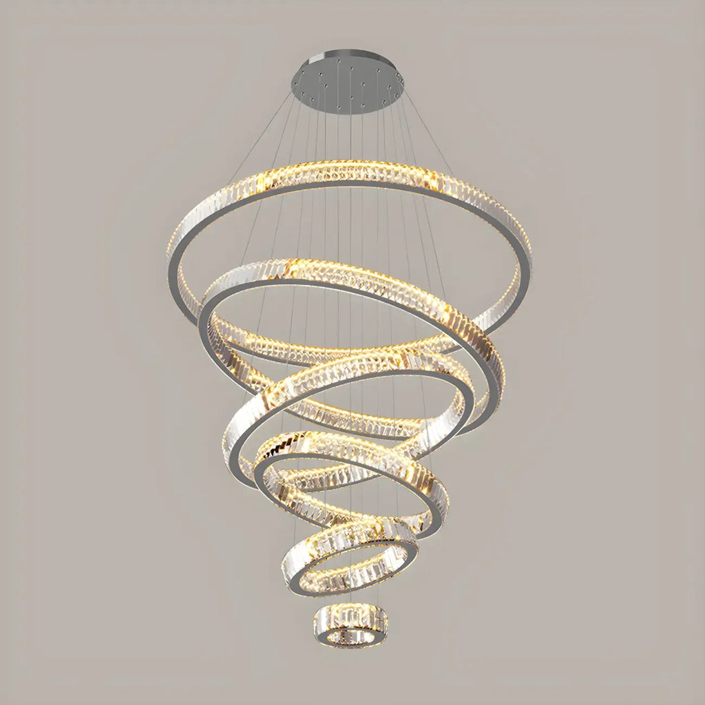 Lustre moderne à plusieurs niveaux en cristal et anneaux en spirale dorée, télécommande LED
