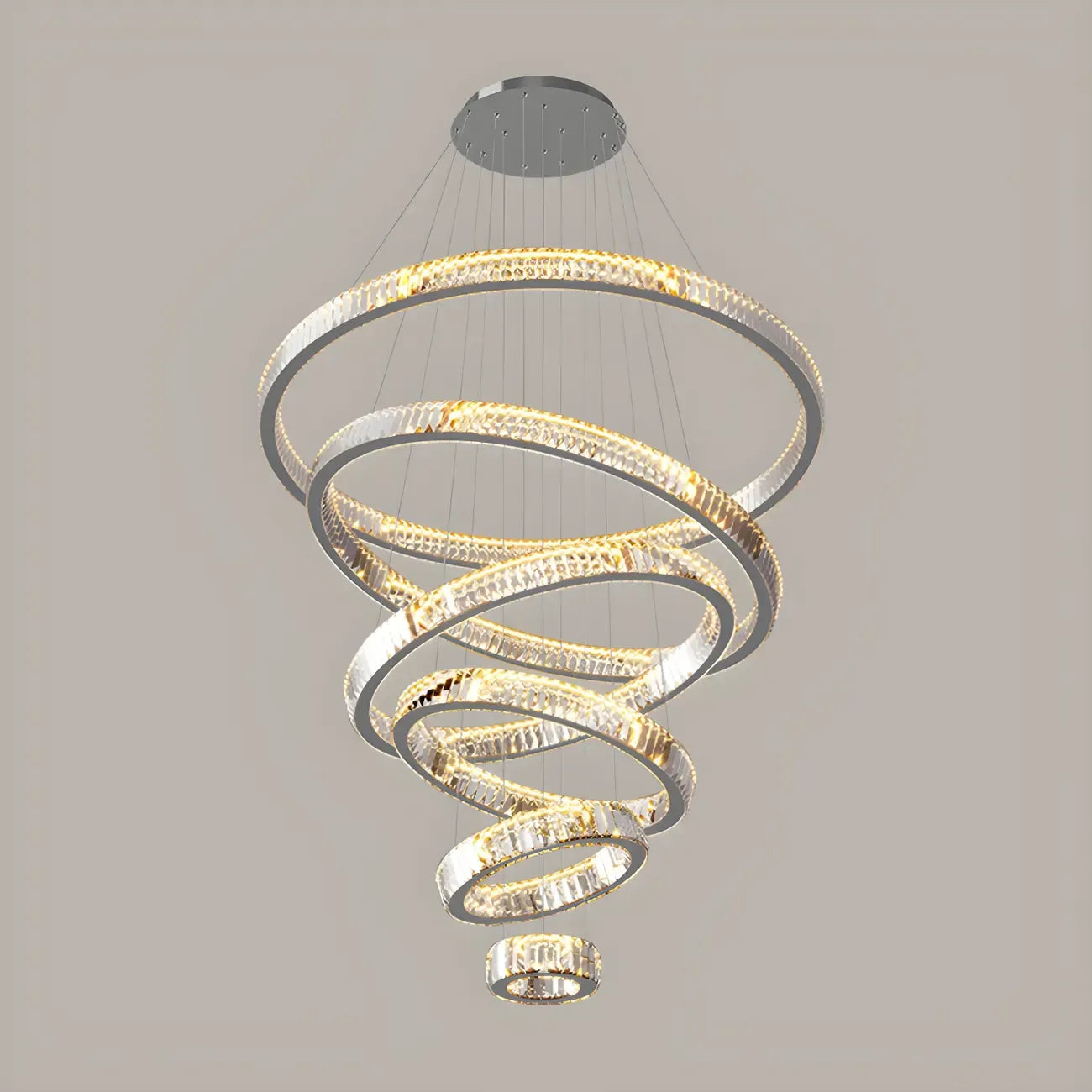 Lustre moderne à plusieurs niveaux en cristal et anneaux en spirale dorée, télécommande LED