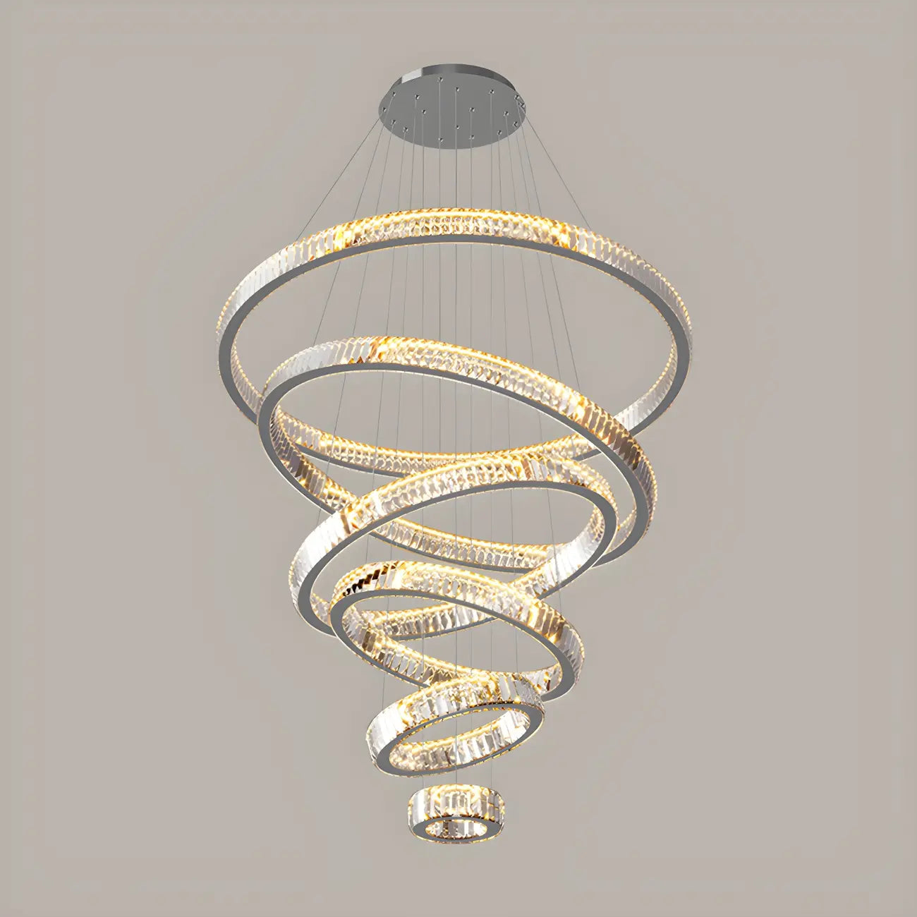 Lustre moderne à plusieurs niveaux en cristal et anneaux en spirale dorée, télécommande LED