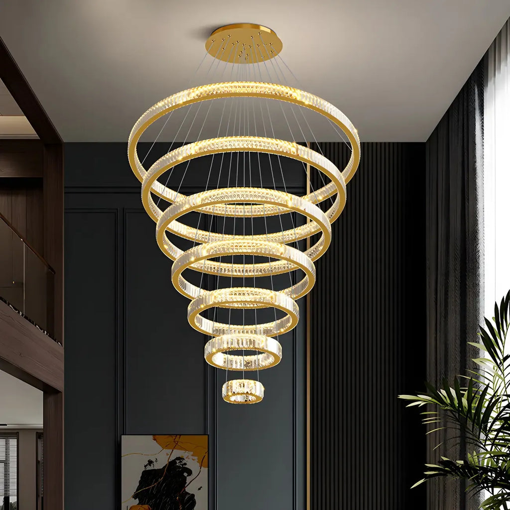 Lustre moderne à plusieurs niveaux en cristal et anneaux en spirale dorée, télécommande LED