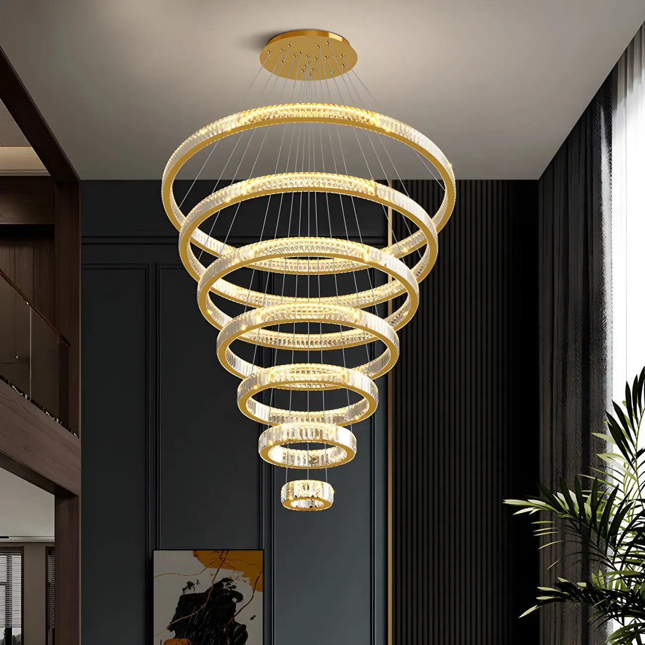 Lustre moderne à plusieurs niveaux en cristal et anneaux en spirale dorée, télécommande LED