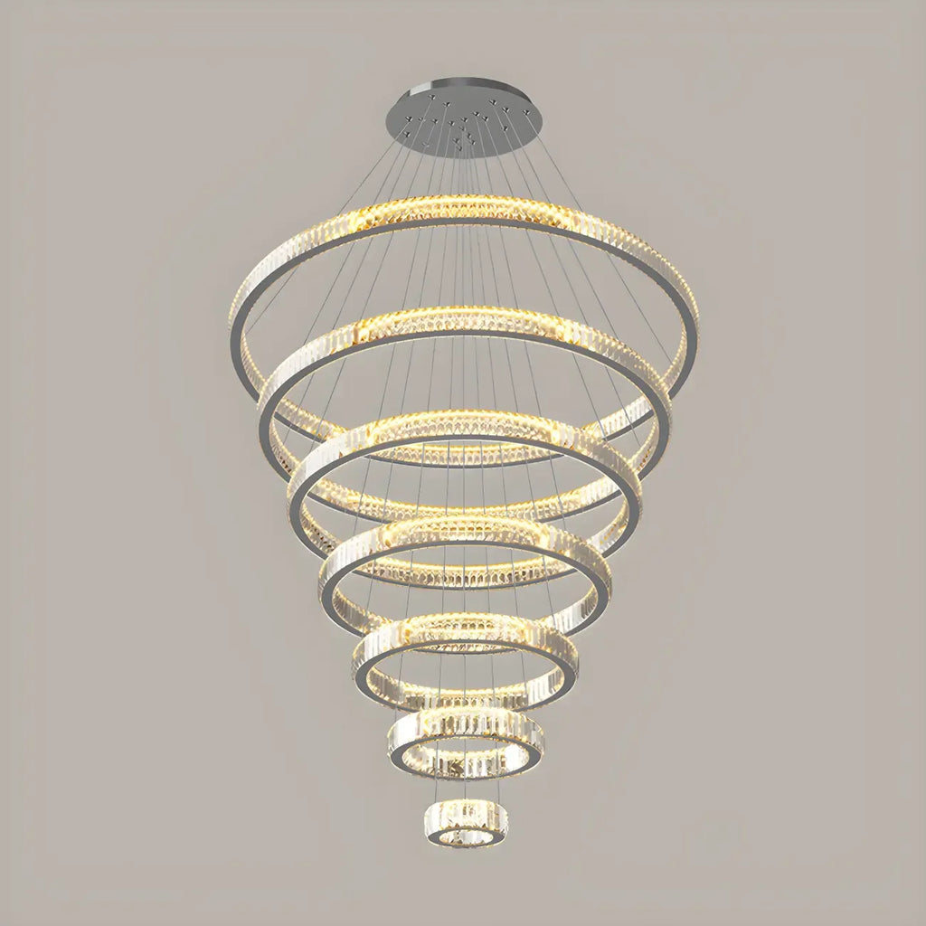 Lustre moderne à plusieurs niveaux en cristal et anneaux en spirale dorée, télécommande LED