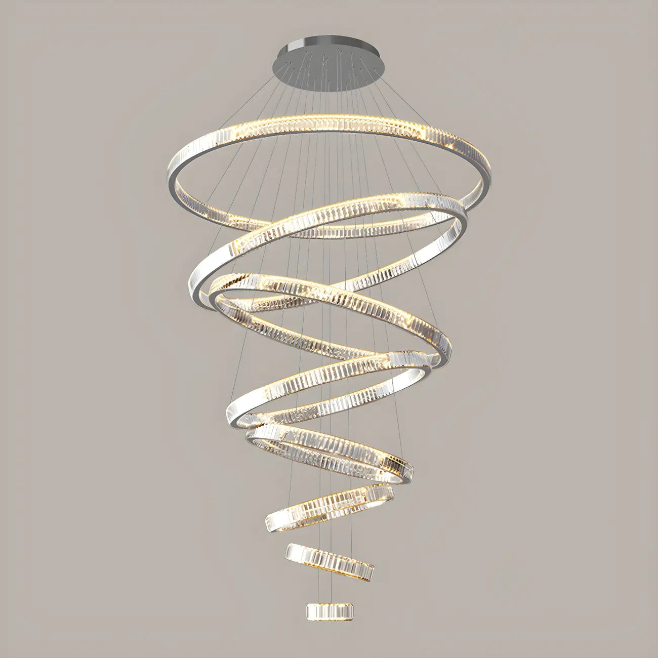 Lustre moderne à plusieurs niveaux en cristal et anneaux en spirale dorée, télécommande LED