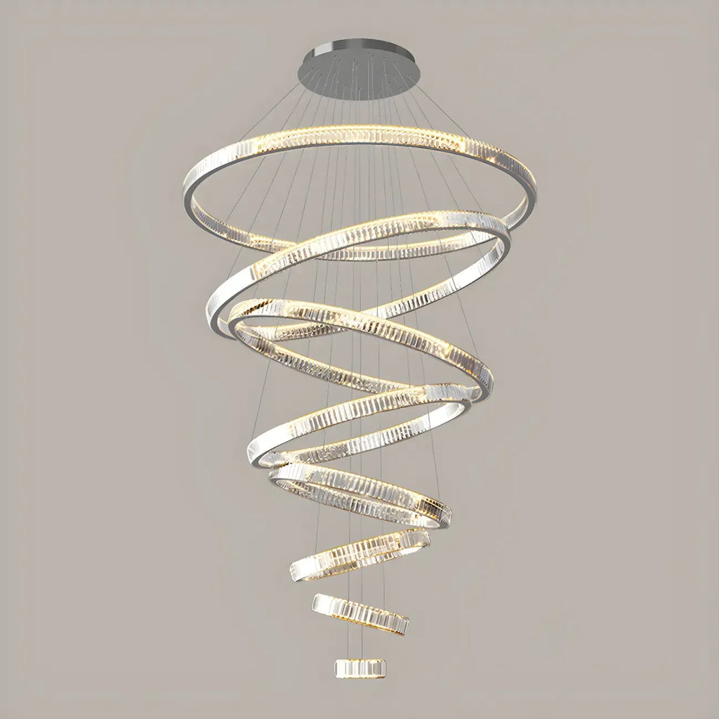Lustre moderne à plusieurs niveaux en cristal et anneaux en spirale dorée, télécommande LED