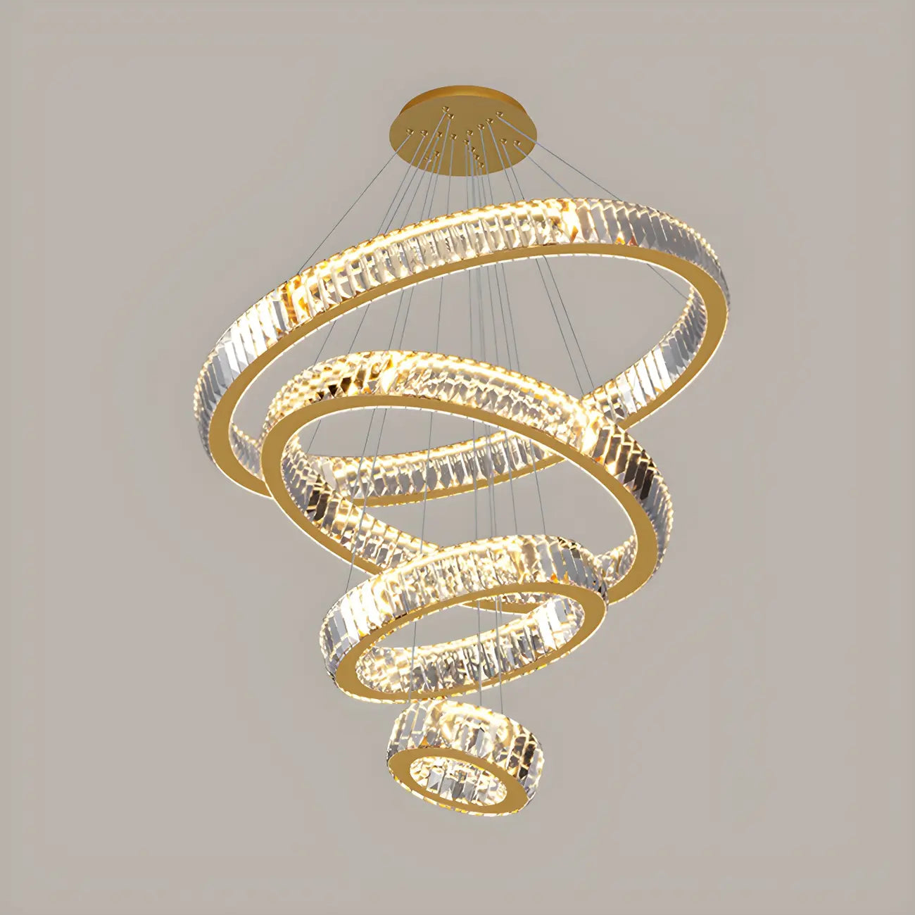 Lustre moderne à plusieurs niveaux en cristal et anneaux en spirale dorée, télécommande LED