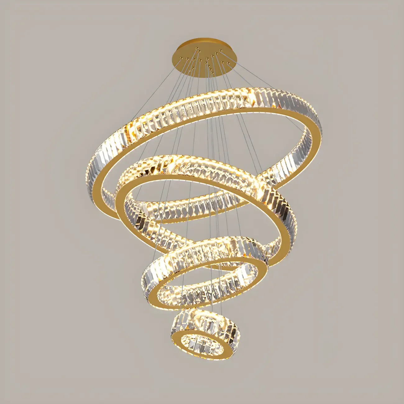 Lustre moderne à plusieurs niveaux en cristal et anneaux en spirale dorée, télécommande LED