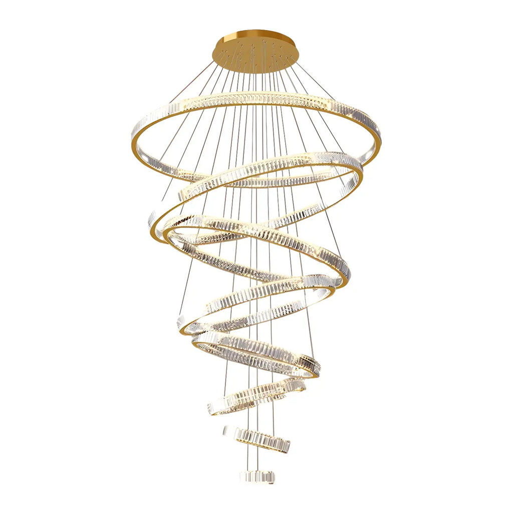 Lustre moderne à plusieurs niveaux en cristal et anneaux en spirale dorée, télécommande LED