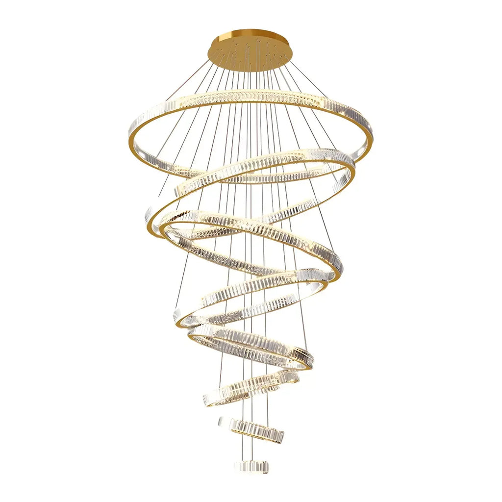 Lustre moderne à plusieurs niveaux en cristal et anneaux en spirale dorée, télécommande LED