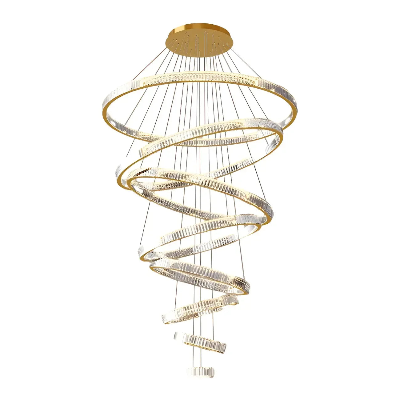 Lustre moderne à plusieurs niveaux en cristal et anneaux en spirale dorée, télécommande LED