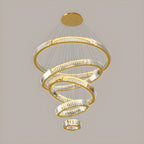 Lustre moderne à plusieurs niveaux en cristal et anneaux en spirale dorée, télécommande LED
