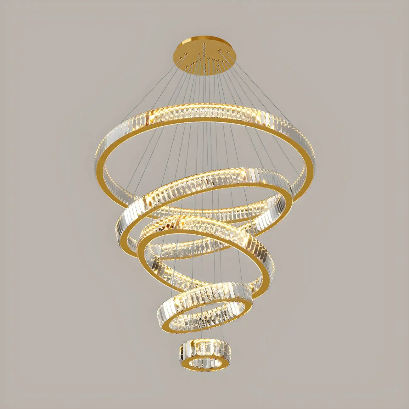 Lustre moderne à plusieurs niveaux en cristal et anneaux en spirale dorée, télécommande LED