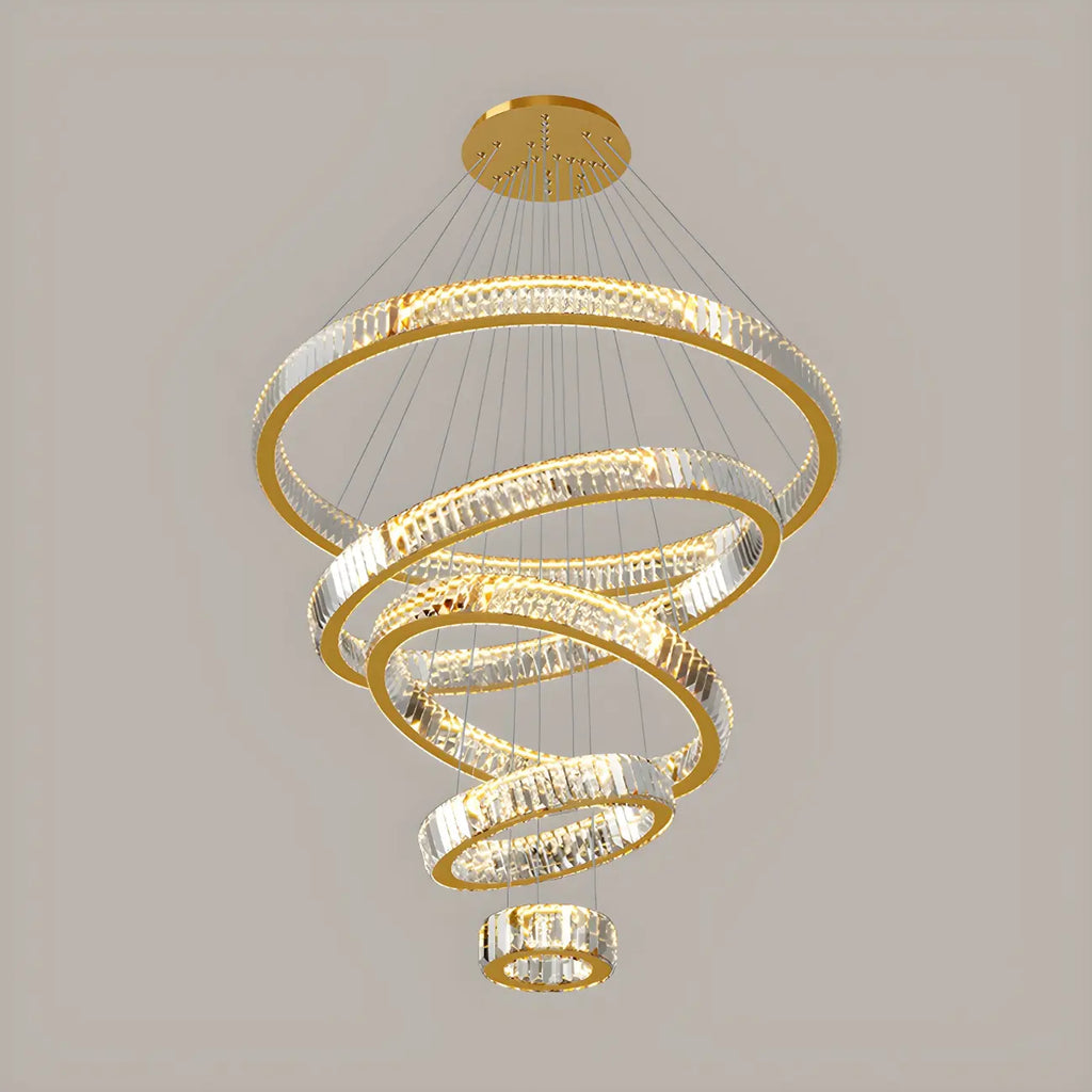 Lustre moderne à plusieurs niveaux en cristal et anneaux en spirale dorée, télécommande LED