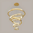 Lustre moderne à plusieurs niveaux en cristal et anneaux en spirale dorée, télécommande LED
