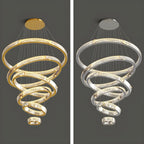 Lustre moderne à plusieurs niveaux en cristal et anneaux en spirale dorée, télécommande LED