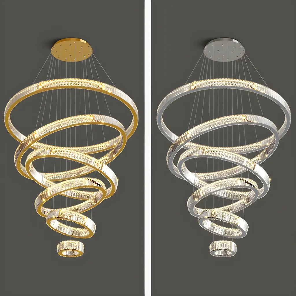 Lustre moderne à plusieurs niveaux en cristal et anneaux en spirale dorée, télécommande LED