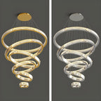 Lustre moderne à plusieurs niveaux en cristal et anneaux en spirale dorée, télécommande LED