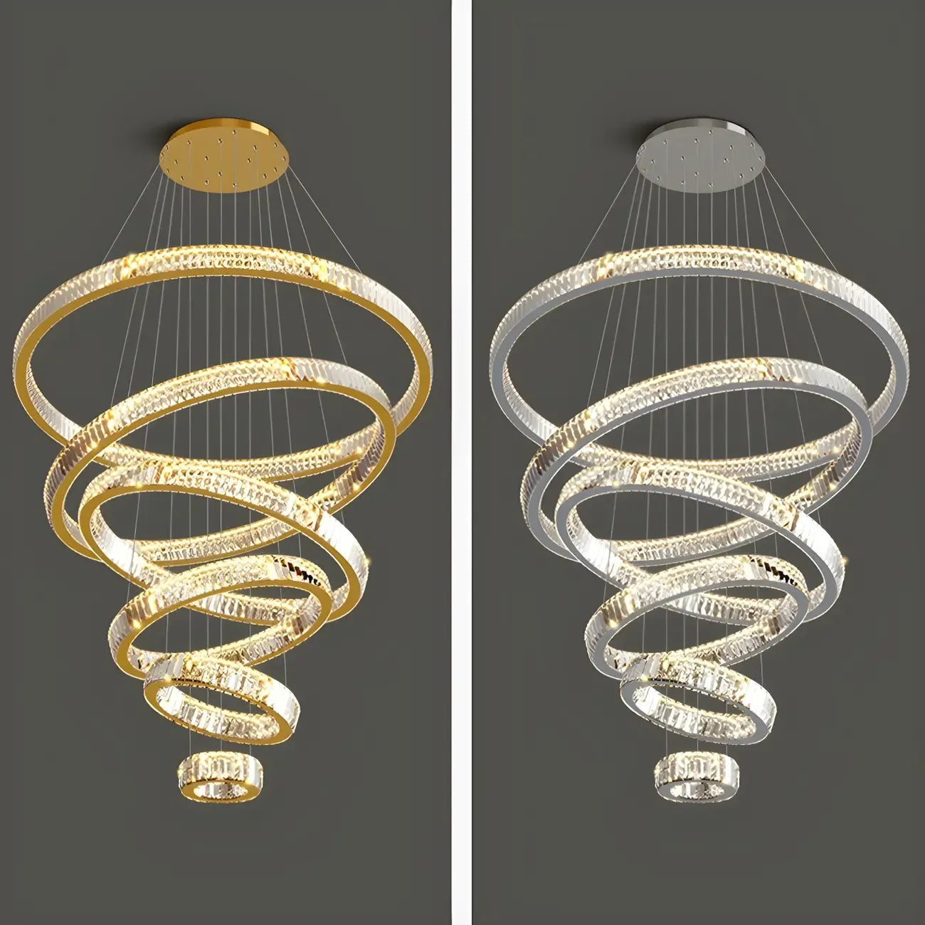Lustre moderne à plusieurs niveaux en cristal et anneaux en spirale dorée, télécommande LED