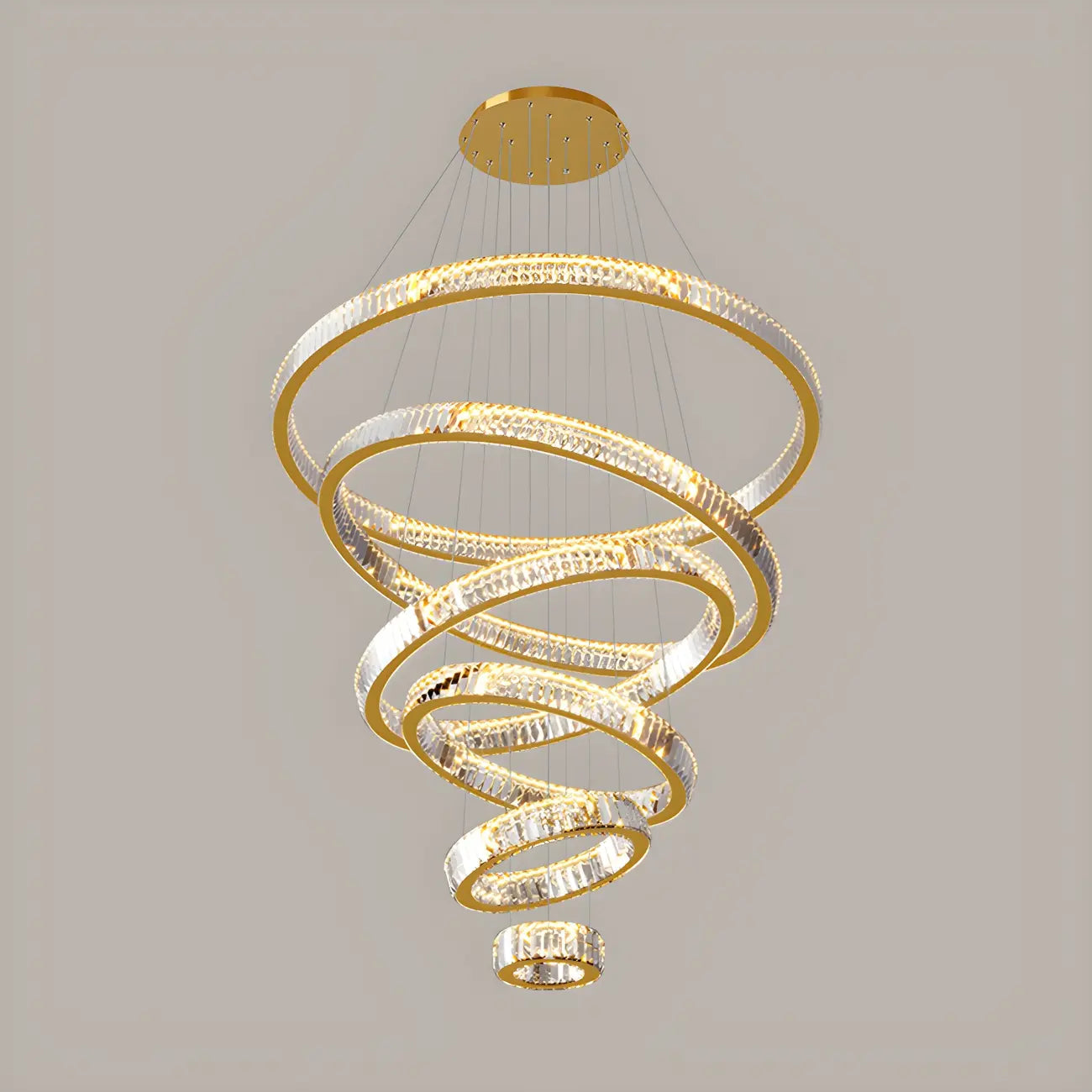 Lustre moderne à plusieurs niveaux en cristal et anneaux en spirale dorée, télécommande LED