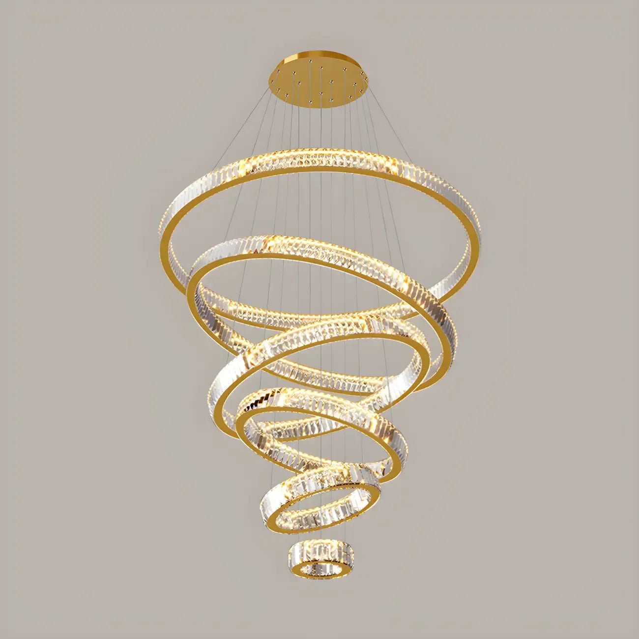 Lustre moderne à plusieurs niveaux en cristal et anneaux en spirale dorée, télécommande LED