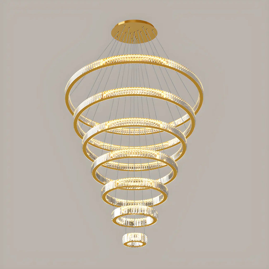 Lustre moderne à plusieurs niveaux en cristal et anneaux en spirale dorée, télécommande LED